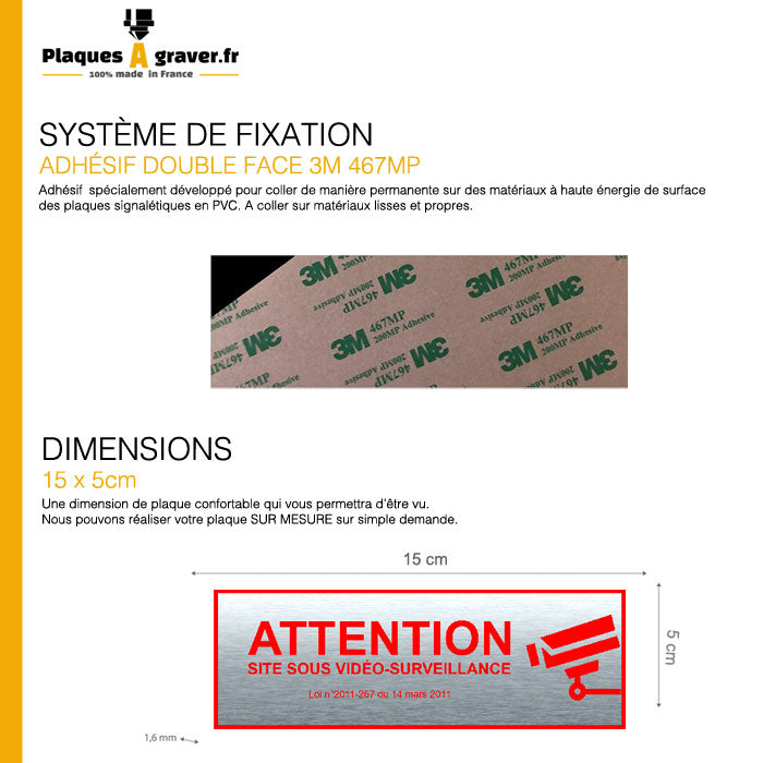 Adhesive Video Surveillance Plate Steel and Red Effect 150mmx50mm