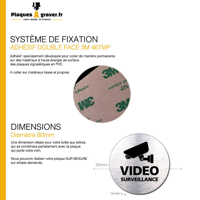 Plaque Adhésive Vidéo Surveillance Ronde 80mm Effet Acier Brossé