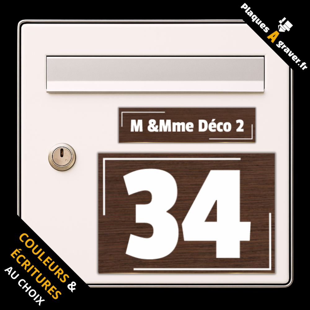 Coffret 2 plaques personnalisables assorties modèle Déco 2 – plaque boîte aux lettres et plaque numéro de rue – fabrication Plaques à Graver