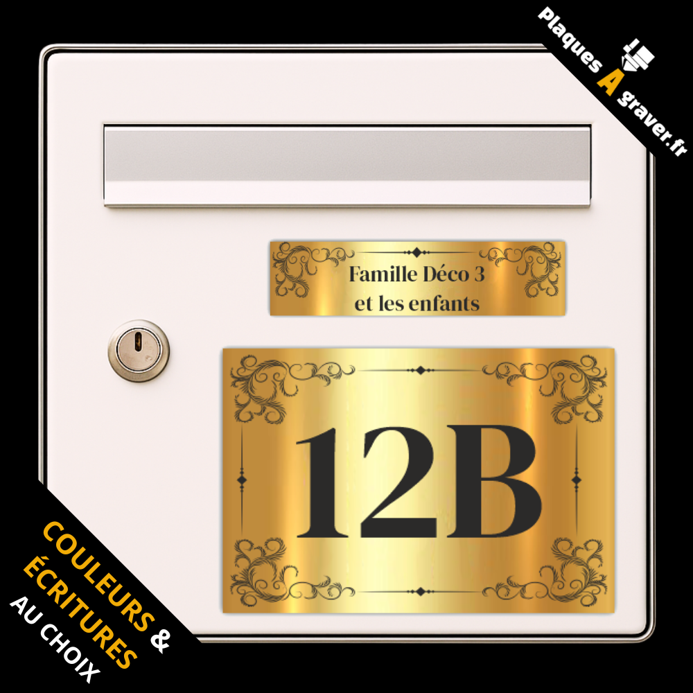 Coffret 2 plaques personnalisables assorties modèle Déco 3 – plaque boîte aux lettres et plaque numéro de rue – fabrication Plaques à Graver