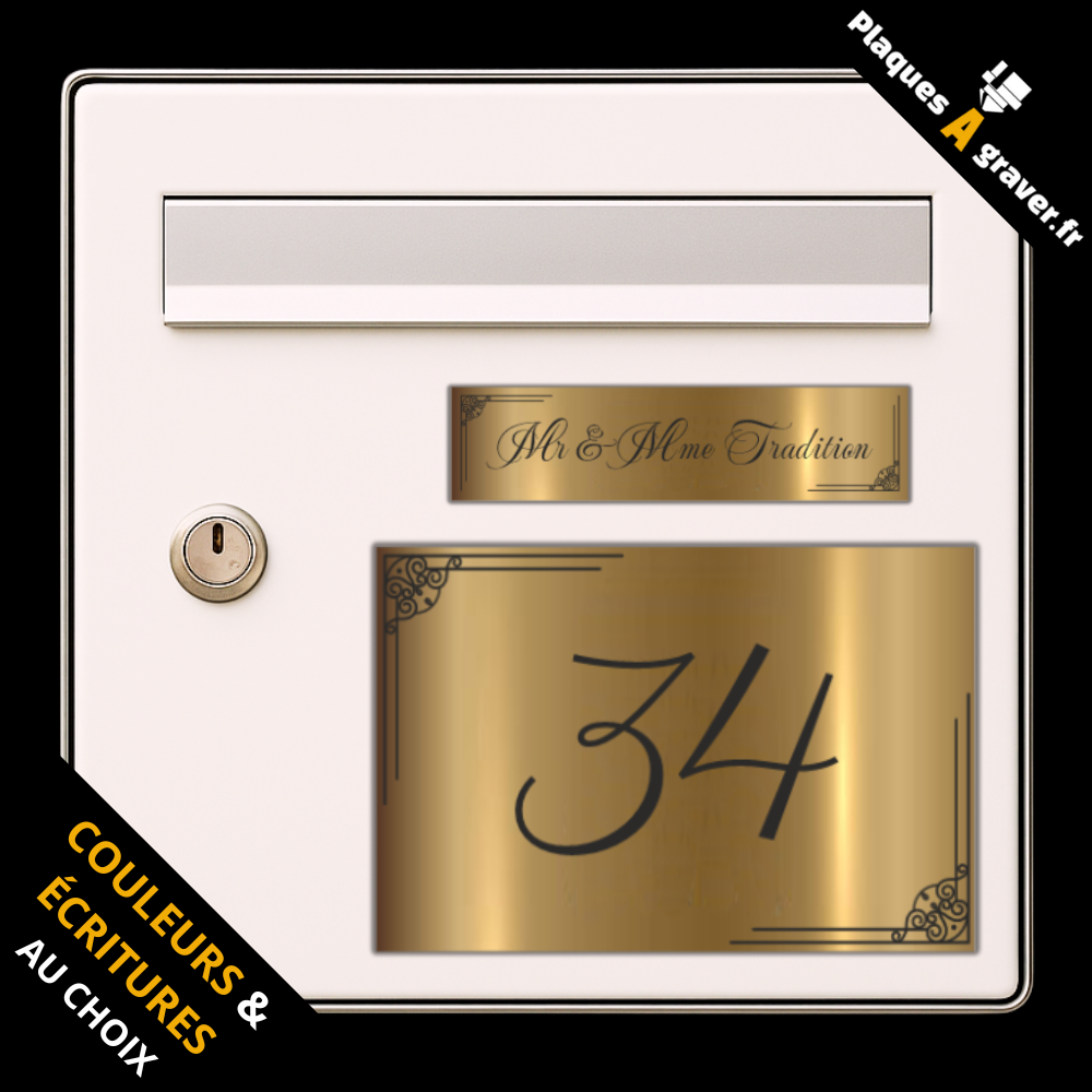 Coffret 2 plaques personnalisables assorties modèle Tradition 2 – plaque boîte aux lettres et numéro de rue – fabrication Plaques à Graver