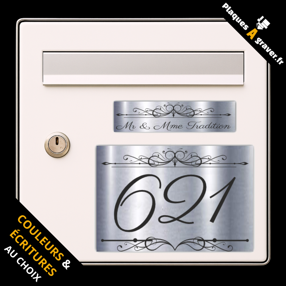 Coffret 2 plaques personnalisables assorties modèle Tradition 3 – plaque boîte aux lettres et numéro de rue – fabrication Plaques à Graver
