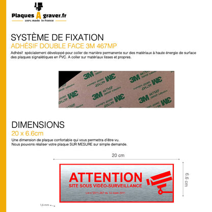 Plaque Vidéo Surveillance Adhésive Effet Acier et Rouge 200x66mm