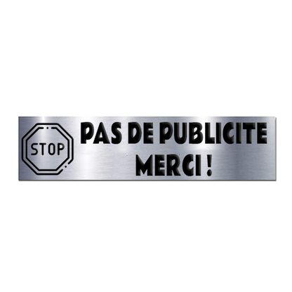 STOP PUB MERCI Plaque Adhésive 100x25mm Effet Acier