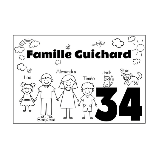 Plaque maison Family personnalisée avec 4 personnages pour boite aux lettres  (format 12x8 cm) - Effet bois foncé