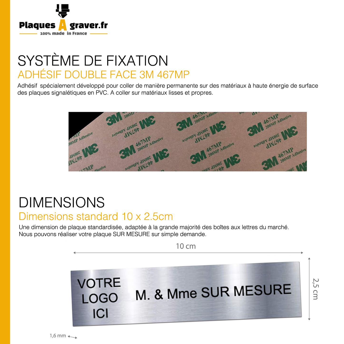 Plaque Adhésive Gravée Sur Mesure Avec Logo & Texte Noir 100x25mm