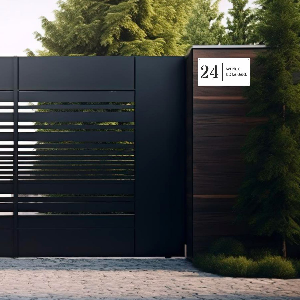 Numéro de Rue Moderne PREMIUM S2 – Blanc sur Noir – À Fixer