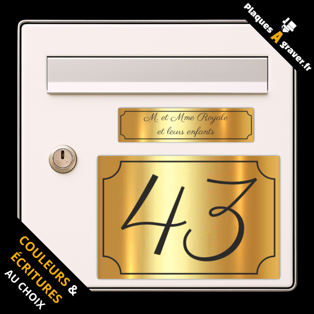 Coffret 2 plaques personnalisables assorties modèle Royal – plaque boîte aux lettres et plaque numéro de rue – fabrication Plaques à Graver