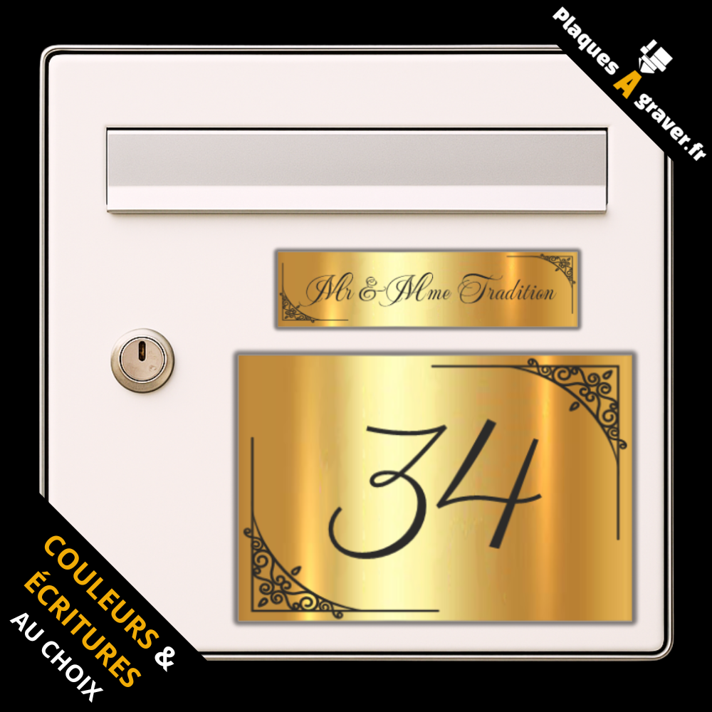 Coffret 2 plaques personnalisables assorties modèle Tradition 1 – plaque boîte aux lettres et numéro de rue – fabrication Plaques à Graver
