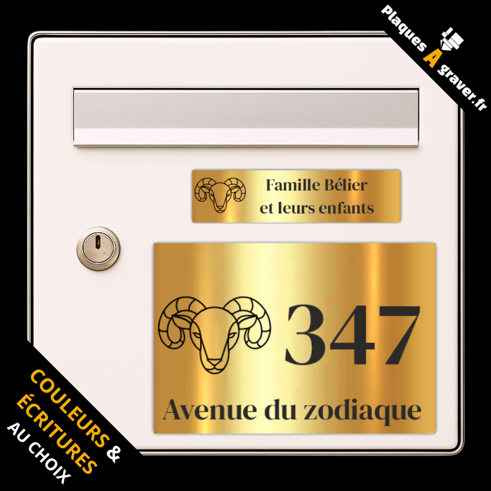 Coffret 2 plaques personnalisables assorties modèle Zodiaque – plaque boîte aux lettres et plaque numéro de rue – fabrication Plaques à Graver