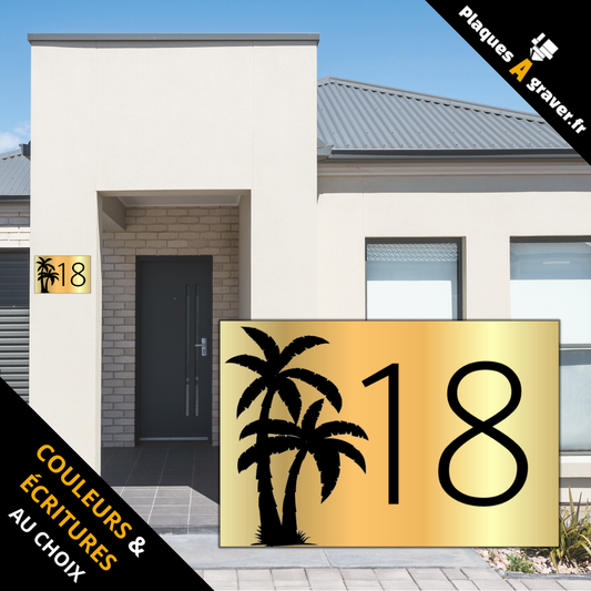 Plaque numéro de maison personnalisable avec logo cocotiers modèle Tropique – gravure au laser Plaques à Graver