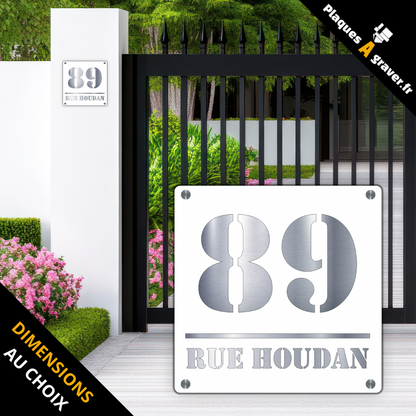 Plaque numéro de maison Premium S1 blanc sur fond acier personnalisable avec numéro et nom de rue – fixation entretoises – fabrication Plaques à Graver
