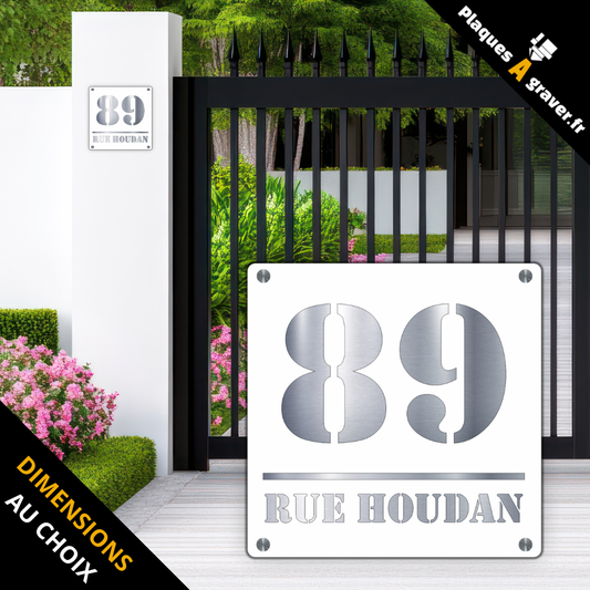 Plaque numéro de maison Premium S1 blanc sur fond acier personnalisable avec numéro et nom de rue – fixation entretoises – fabrication Plaques à Graver