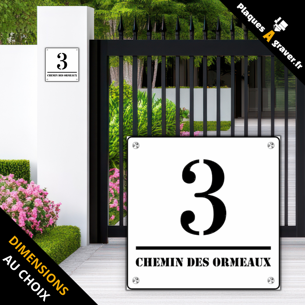 Plaque numéro de maison Premium S1 blanc sur fond noir personnalisable avec numéro et nom de rue – fixation entretoises – fabrication Plaques à Graver