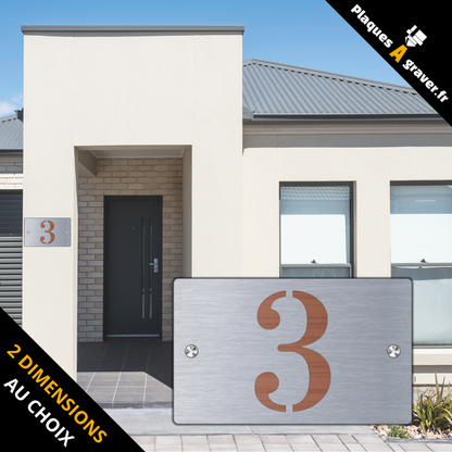 Plaque numéro de maison Premium S1 Mini acier sur fond cuivre à fixer avec entretoises – découpe du numéro effet 3D – fabrication Plaques à Graver