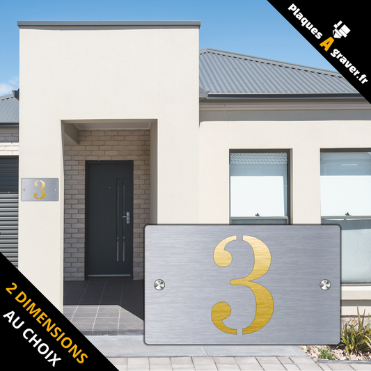 Plaque numéro de maison Premium S1 Mini acier sur fond or à fixer avec entretoises – découpe du numéro effet 3D – fabrication Plaques à Graver