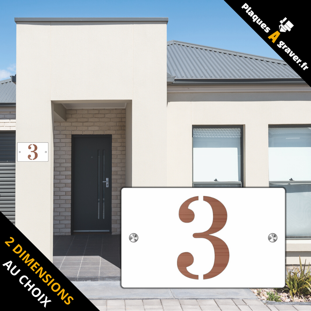 Plaque numéro de maison Premium S1 Mini blanc sur fond cuivre à fixer avec entretoises – découpe du numéro effet 3D – fabrication Plaques à Graver