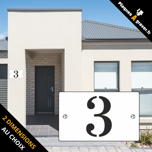 Plaque numéro de maison Premium S1 Mini blanc sur fond noir à fixer avec entretoises – découpe du numéro effet 3D – fabrication Plaques à Graver