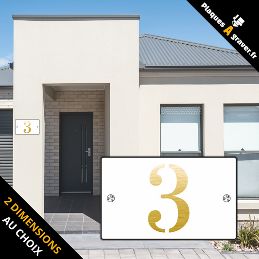 Plaque numéro de maison Premium S1 Mini blanc sur fond or à fixer avec entretoises – découpe du numéro effet 3D – fabrication Plaques à Graver