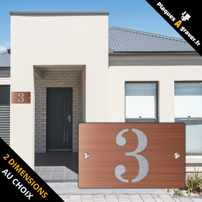 Plaque numéro de maison Premium S1 Mini cuivre sur fond acier à fixer avec entretoises – découpe du numéro effet 3D – fabrication Plaques à Graver