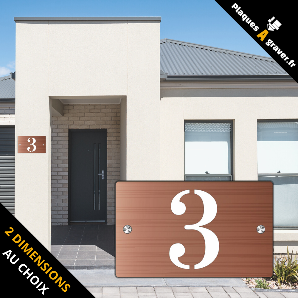 Plaque numéro de maison Premium S1 Mini cuivre sur fond blanc à fixer avec entretoises – découpe du numéro effet 3D – fabrication Plaques à Graver