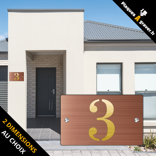Plaque numéro de maison Premium S1 Mini cuivre sur fond or à fixer avec entretoises – découpe du numéro effet 3D – fabrication Plaques à Graver