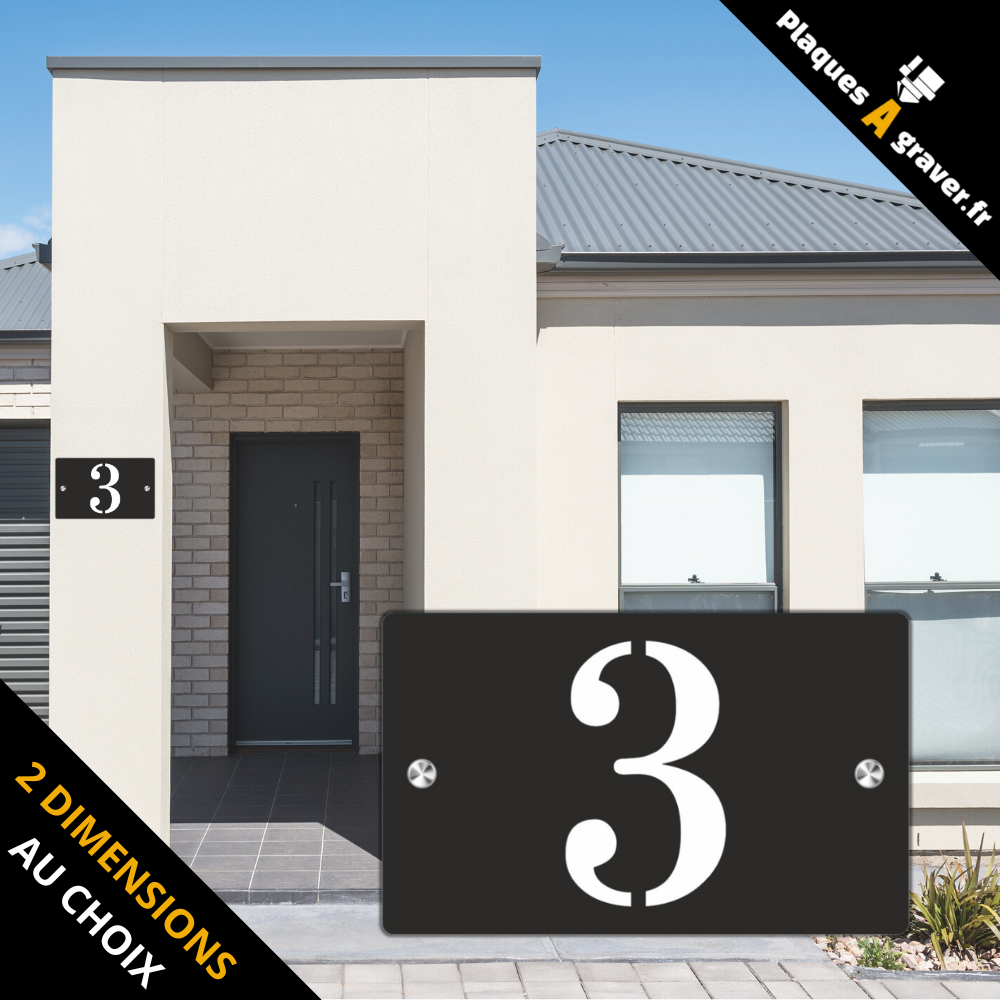 Plaque numéro de maison Premium S1 Mini noir sur blanc à fixer avec entretoises – découpe du numéro effet 3D – fabrication Plaques à Graver
