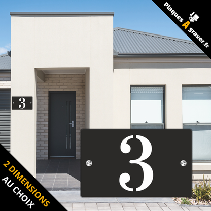 Plaque numéro de maison Premium S1 Mini noir sur blanc à fixer avec entretoises – découpe du numéro effet 3D – fabrication Plaques à Graver