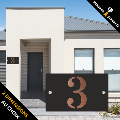 Plaque numéro de maison Premium S1 Mini noir sur fond cuivre à fixer avec entretoises – découpe du numéro effet 3D – fabrication Plaques à Graver