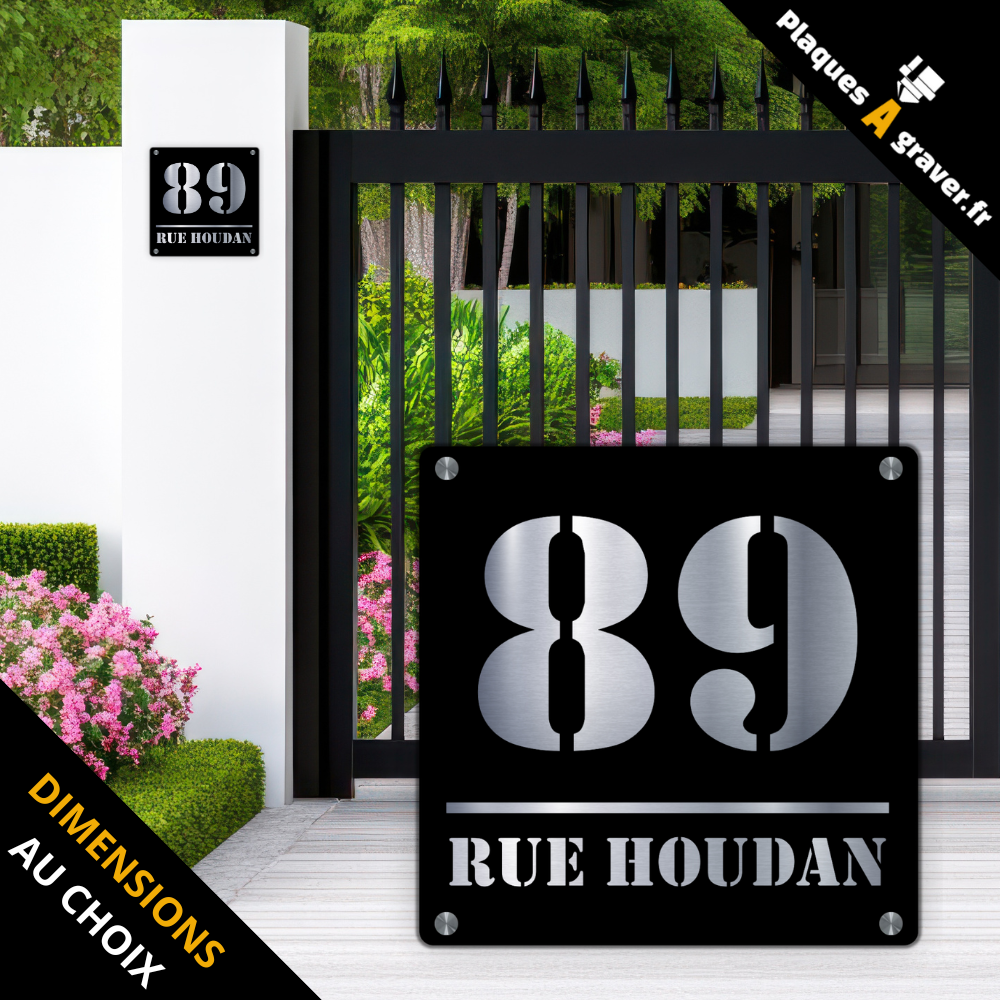 Plaque numéro de maison Premium S1 noir sur fond acier personnalisable avec numéro et nom de rue – fixation entretoises – fabrication Plaques à Graver