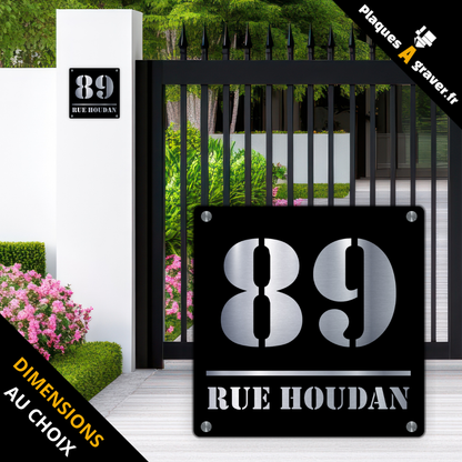 Plaque numéro de maison Premium S1 noir sur fond acier personnalisable avec numéro et nom de rue – fixation entretoises – fabrication Plaques à Graver