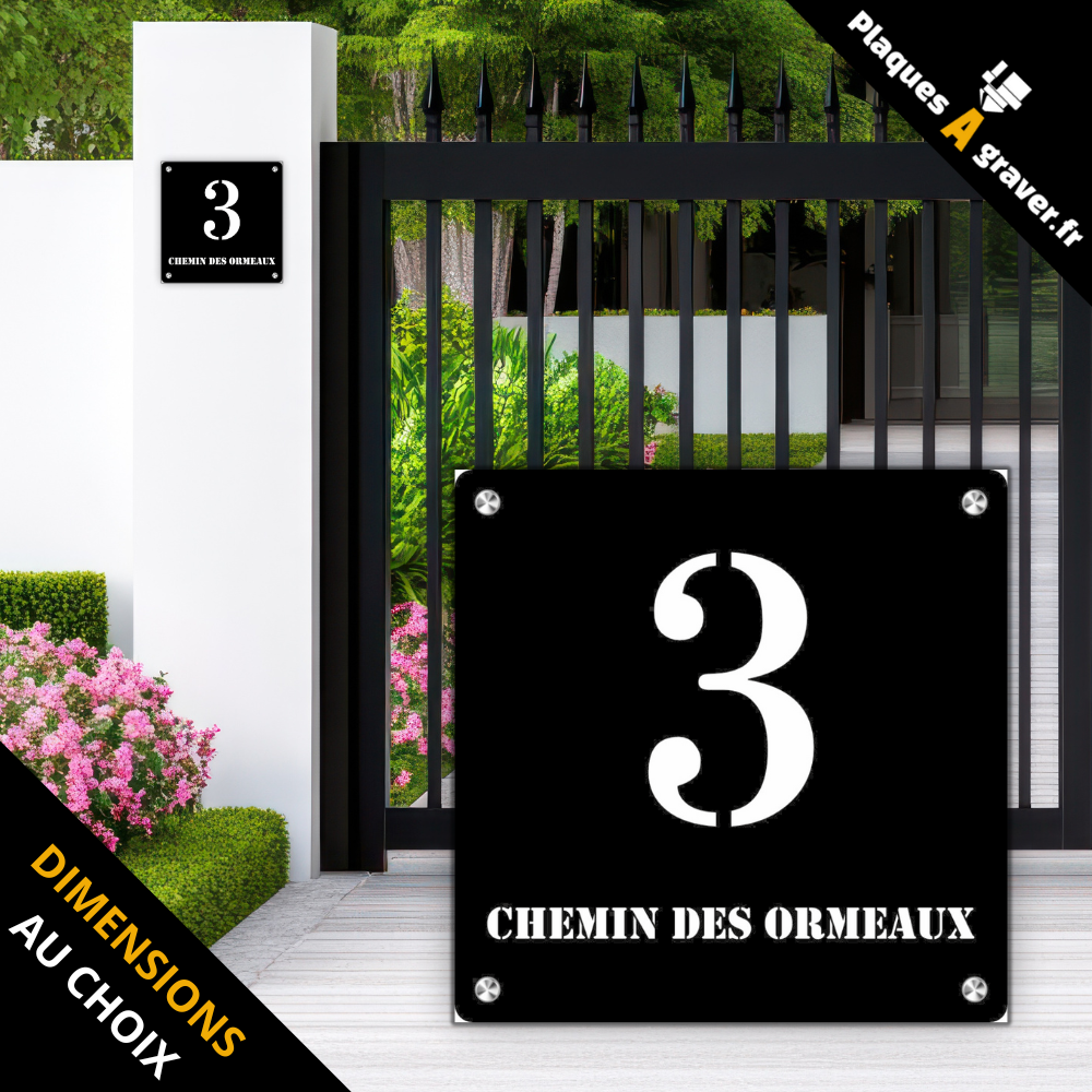 Plaque numéro de maison Premium S1 noir sur fond blanc personnalisable avec numéro et nom de rue – fixation entretoises – fabrication Plaques à Graver
