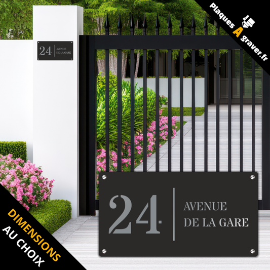 Plaque numéro de maison Premium S2 noir sur fond acier à fixer avec entretoises – double plaque avec numéro et nom de rue – fabrication Plaques à Graver