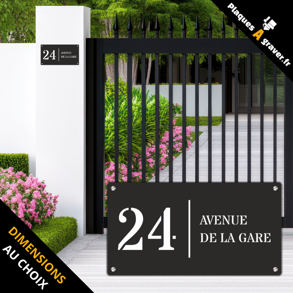 Plaque numéro de maison Premium S2 noir sur fond blanc à fixer avec entretoises – double plaque avec numéro et nom de rue – fabrication Plaques à Graver
