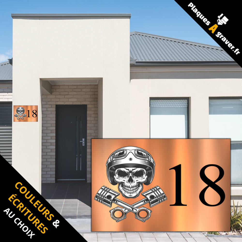 Plaque numéro de maison personnalisable modèle Tête de Mort – gravure au laser Plaques à Graver