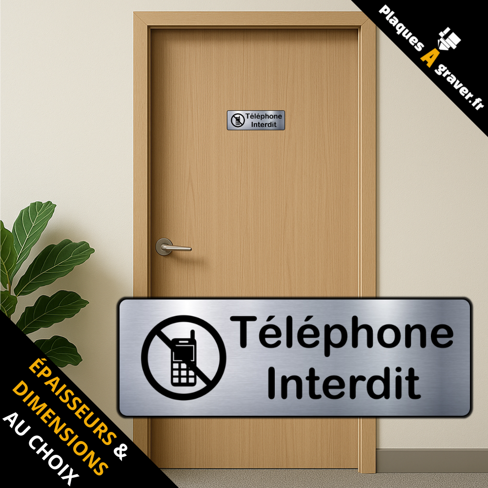 plaque Téléphone interdit en PVC adhésive Plaques à Graver installée sur une porte professionnelle