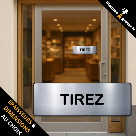 plaque Tirez en PVC adhésive Plaques à Graver installée sur une porte de magasin